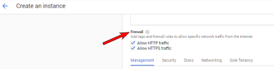 Create an Instance wizard with an arrow pointing to the Firewal section, showing the Allow Http and Allow Https traffic options selected.